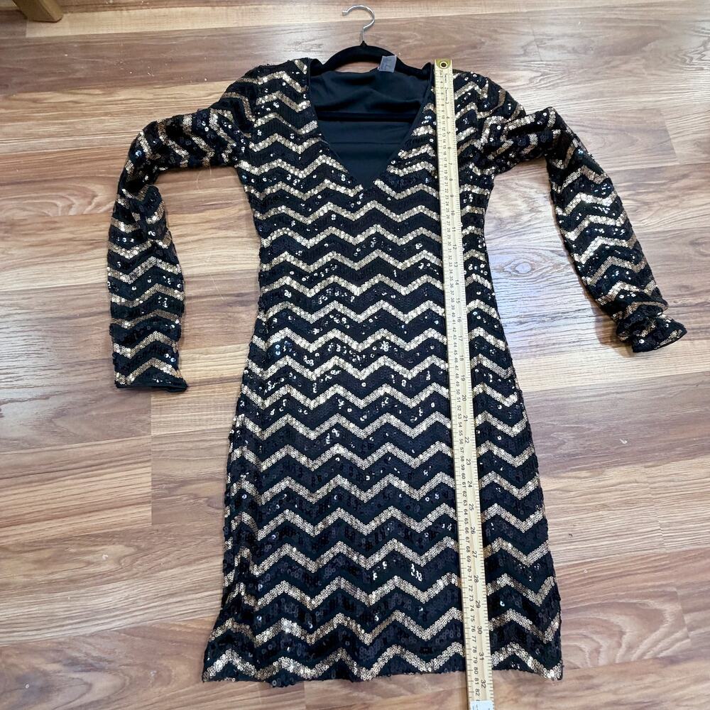 Sexy Black Gold Sequin Long Sleeve Dress 2 Party Holiday NYE Cocktail Coquette - Picture 5 of 8